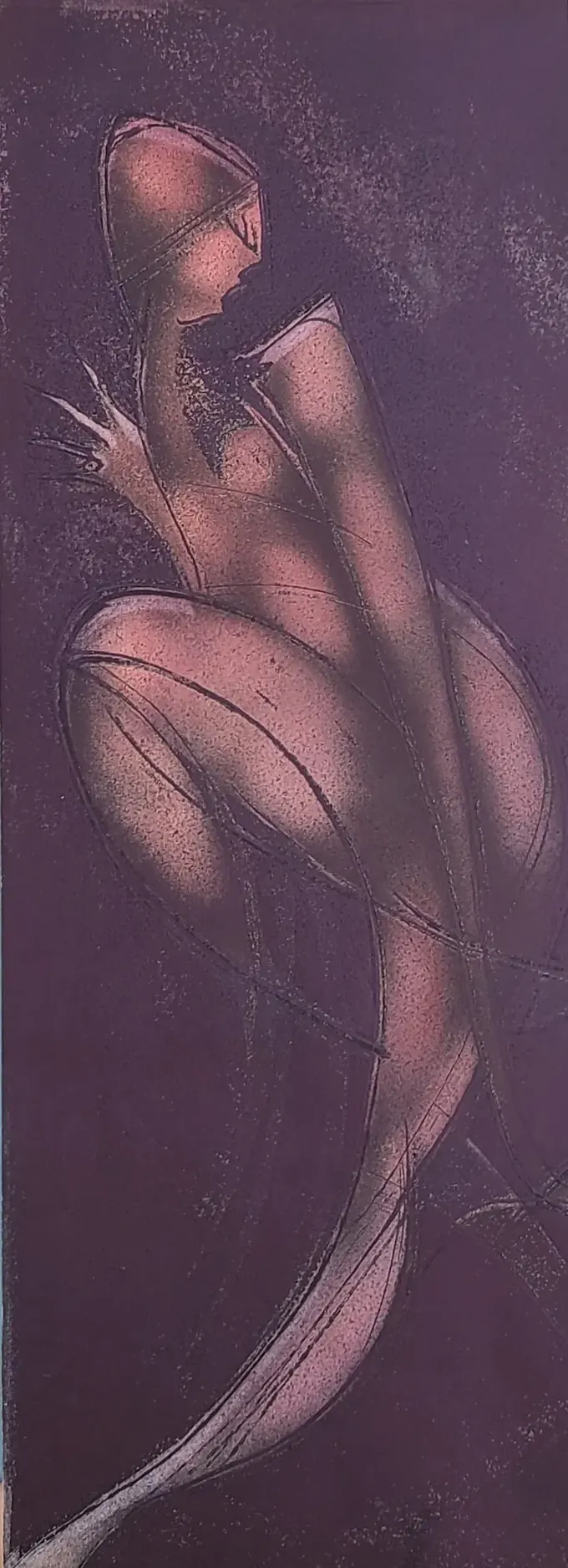 Thalia, an etching by Bruce Thomson of a seated figure in rose and gold on deep aubergine, head bowed and one knee drawn up