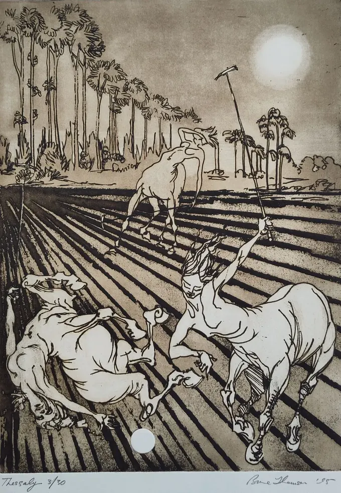Thessaly, an etching by Bruce Thomson of centaurs playing polo across a ploughed field with palms and a low sun behind