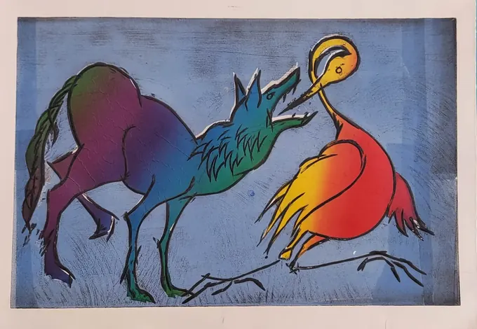 The Wolf & the Crane, an etching by Bruce Thomson of the crane drawing a bone from the wolf's throat, printed in rainbow colour on blue