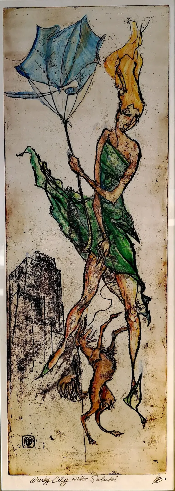 Windy City with Saluki I, an etching by Bruce Thomson of a woman with a blown umbrella and a saluki lifted off its feet beside a tower block