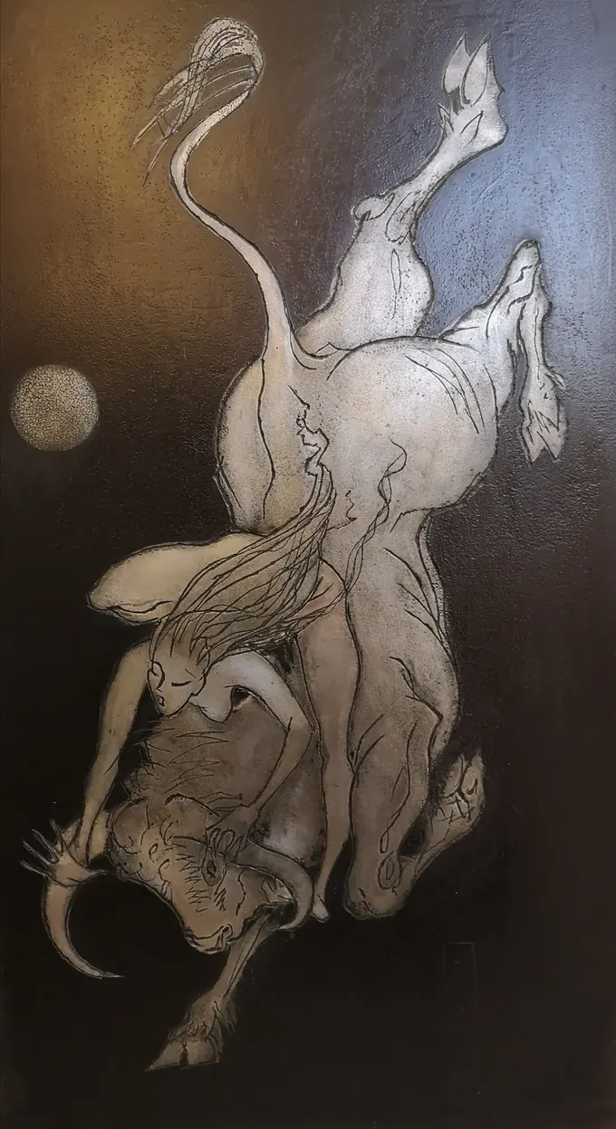 Europa and the Bull, an etching plate by Bruce Thomson, the princess carried by the white bull with a moon behind them