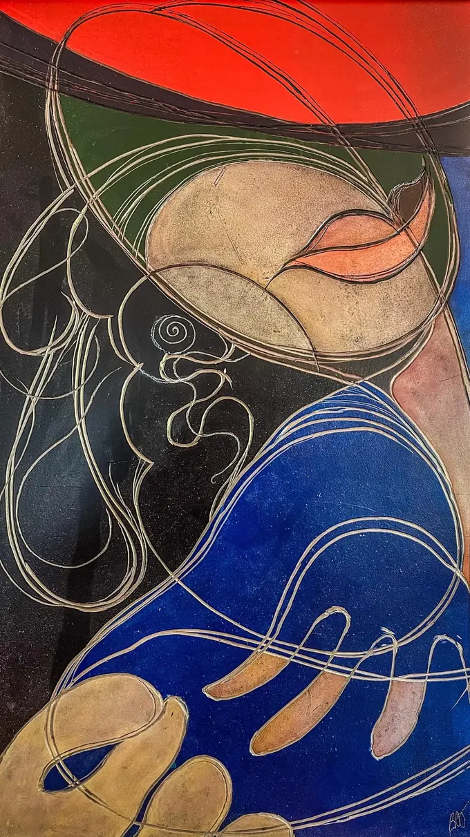 Blue Girl with Straw Hat II, an etching plate by Bruce Thomson, a face tilted under a wide red brim above a blue dress