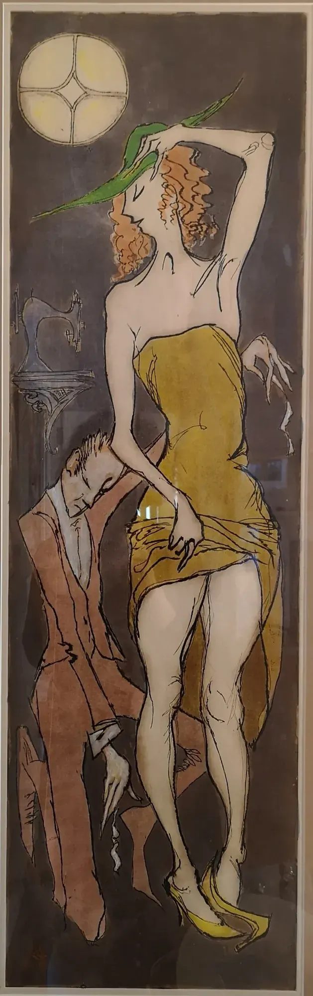 The Tailor, an etching by Bruce Thomson of a woman in a gold dress with a man kneeling at her hem and a sewing machine behind