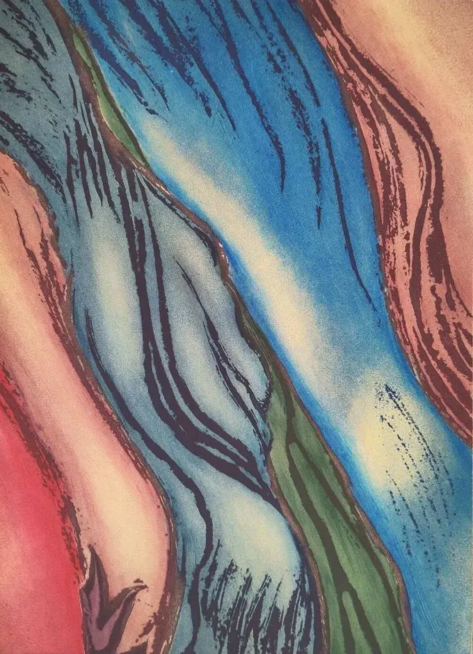 Highland Currents, an etching by Bruce Thomson, bands of blue, rose and green running together like water in a gorge
