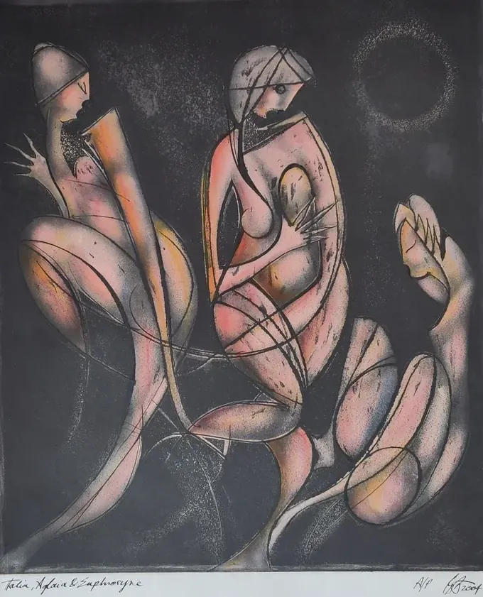 Thalia, Aglaia and Euphrosyne, an etching by Bruce Thomson of the Three Graces in rose and gold against black