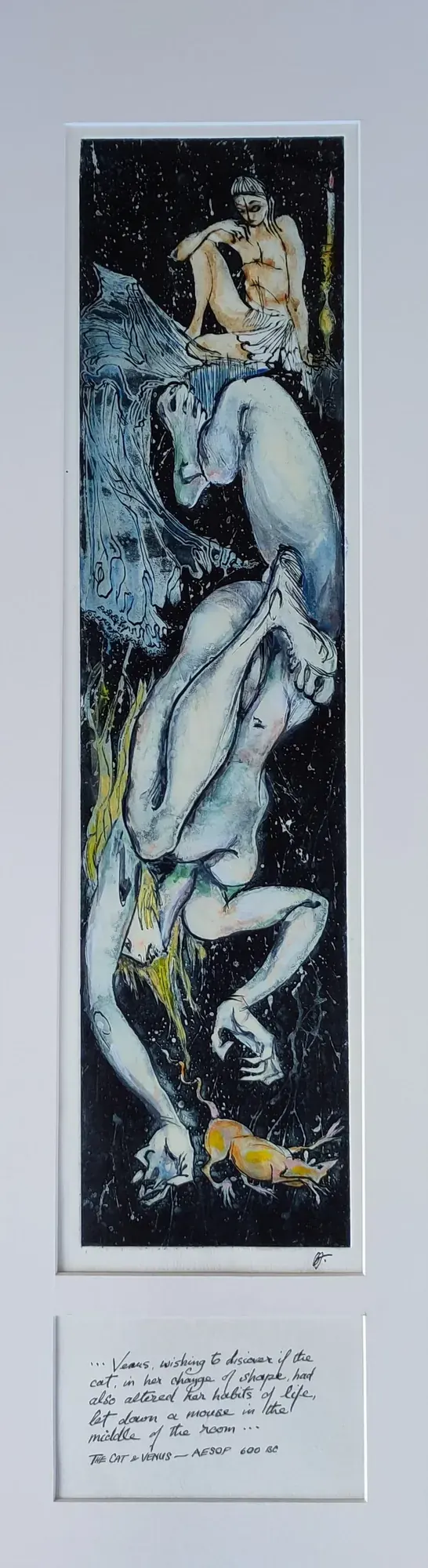 The Cat and Venus, an etching by Bruce Thomson of a falling figure with Venus above and a cat at the foot, the fable written out beneath