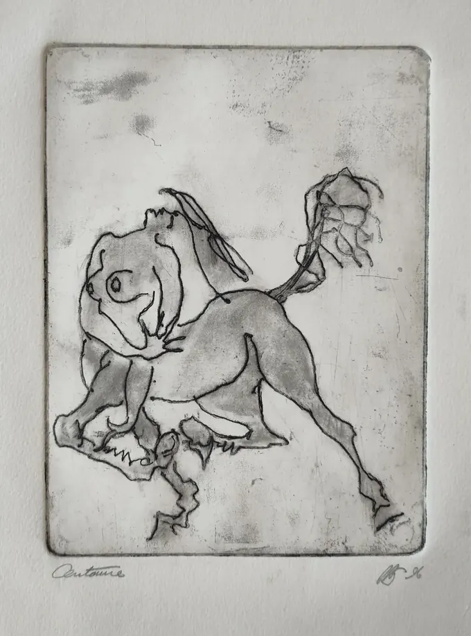 Centaur, a drypoint by Bruce Thomson of the half-horse, half-human figure of Greek myth in a few dragged lines