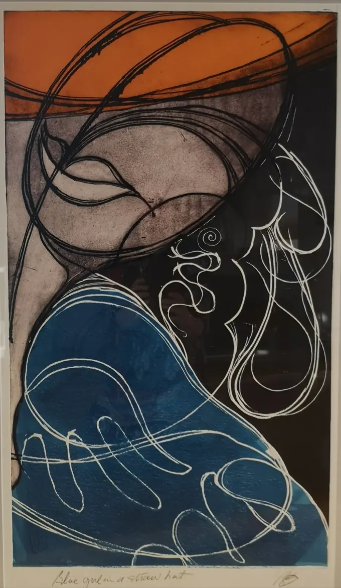 Blue Girl with Straw Hat, an etching by Bruce Thomson, a head turned away under an orange-brimmed hat above a blue shoulder