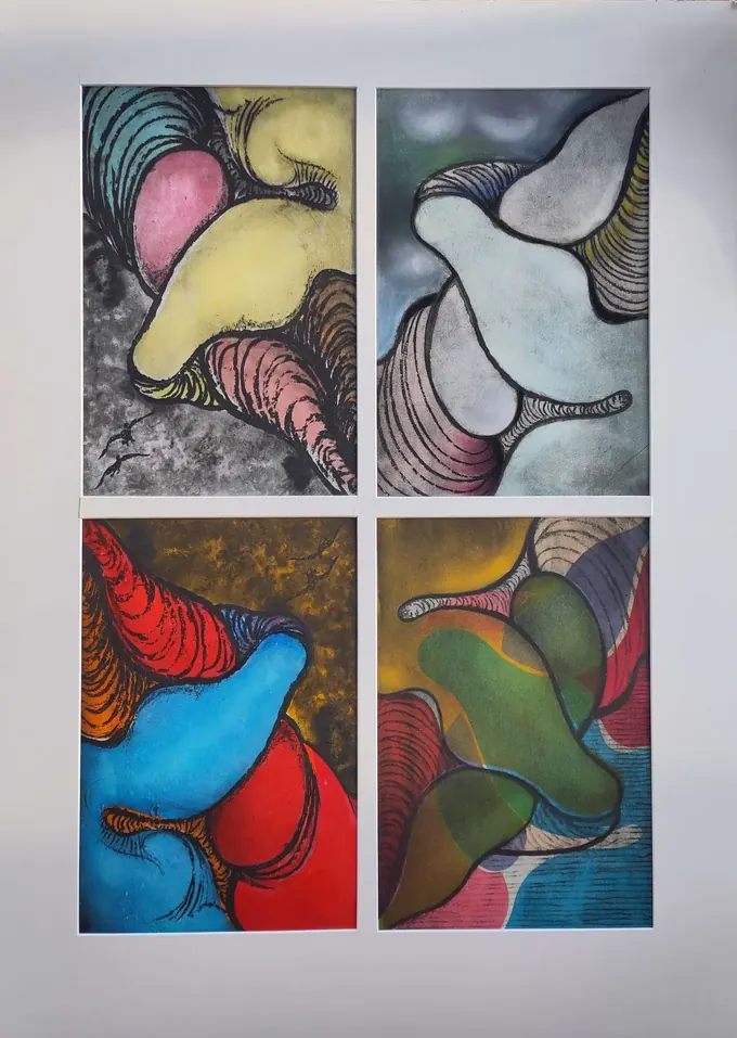Organic Abstractions, four small etchings by Bruce Thomson mounted together, the same folded ribbed forms in four colourways