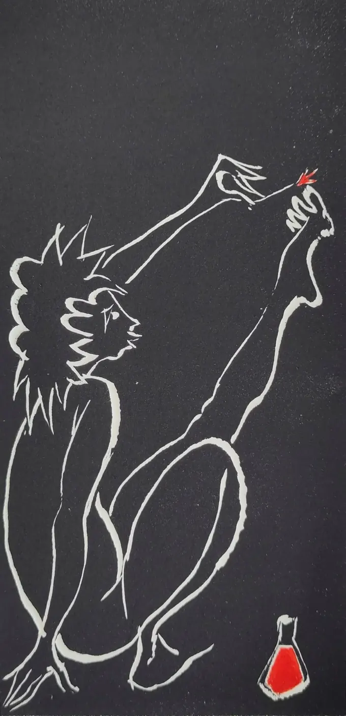 Red Nail Polish, an etching by Bruce Thomson in white line on black, a woman leaning back painting her toenails