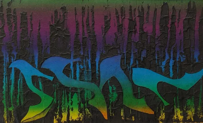 Shadowed Steps by Bruce Thomson, a row of blue and green shoe forms against black drips over a spectrum of colour