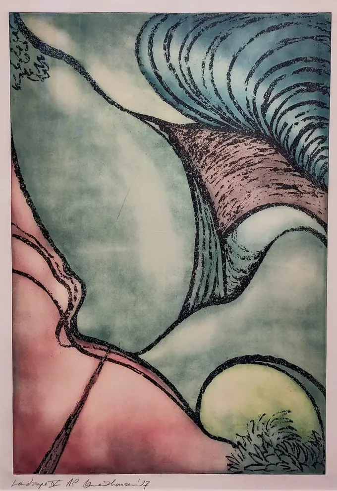 Landscape IV, an etching by Bruce Thomson, a soft green and pink ground crossed by a hatched ridge with a path running through it