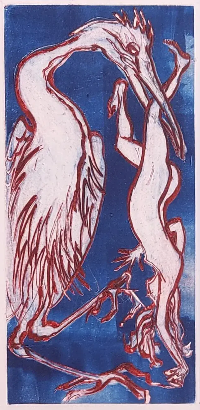 Leda and the Swan, an etching by Bruce Thomson in red line on blue, the swan bending over the standing figure of Leda