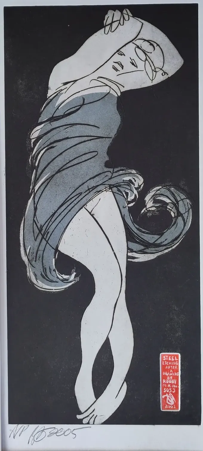 Steel Etching after Rodin by Bruce Thomson, a figure with arms raised above her head and her shift falling away, in grey and white on black