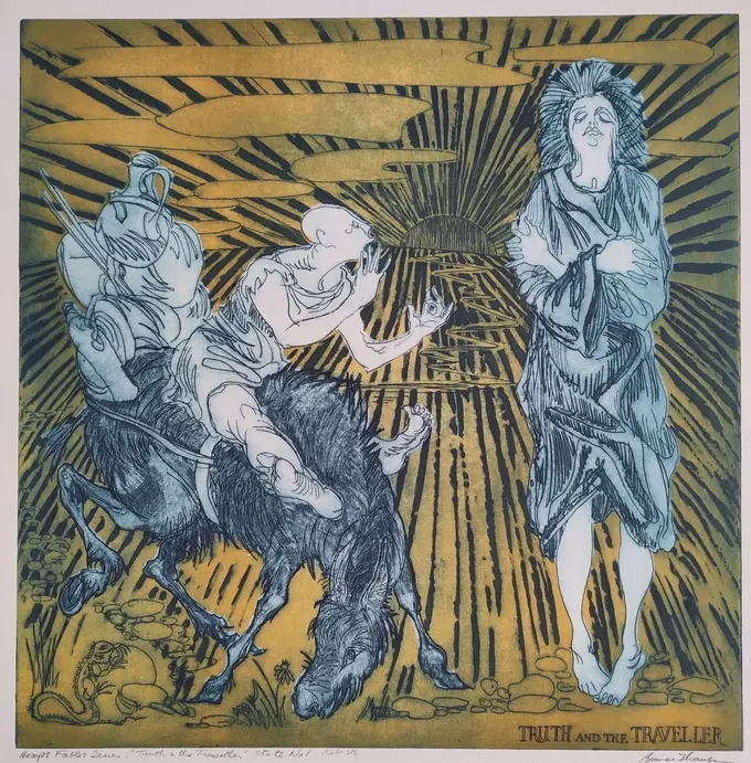 Truth and the Traveller, an etching by Bruce Thomson of a traveller on a donkey turning towards the figure of Truth in the wilderness