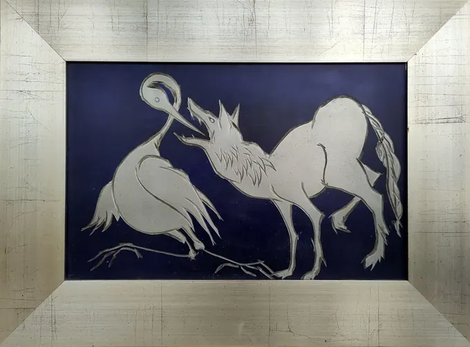 The Wolf and the Crane, the etched plate by Bruce Thomson, the crane bent over the wolf's open jaws cut into a dark blue ground