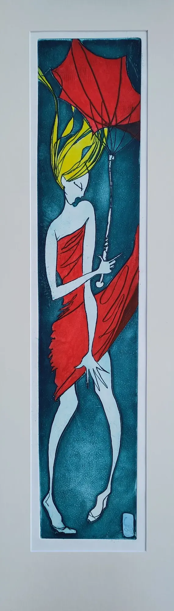 Rafale, an etching by Bruce Thomson of a figure wrapped in red holding an umbrella blown inside out against a deep teal ground