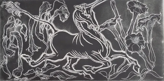 Unicorn Among the Blooms, an etching by Bruce Thomson in white line on black, a unicorn among trumpet flowers