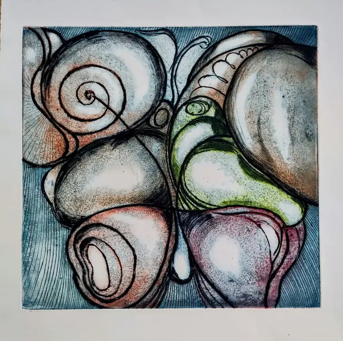 Butterfly, an etching by Bruce Thomson, shell and spiral forms arranged into wings against a hatched blue ground