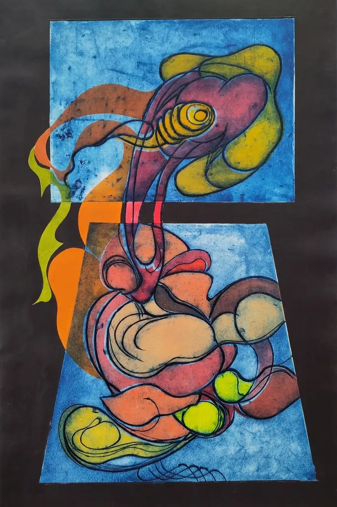 Fluid Dynamics, an etching by Bruce Thomson, two blue plates on a dark ground with red and yellow forms spilling between them