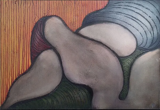Dunes, an etching by Bruce Thomson of reclining body forms rendered like dunes against a striated orange ground