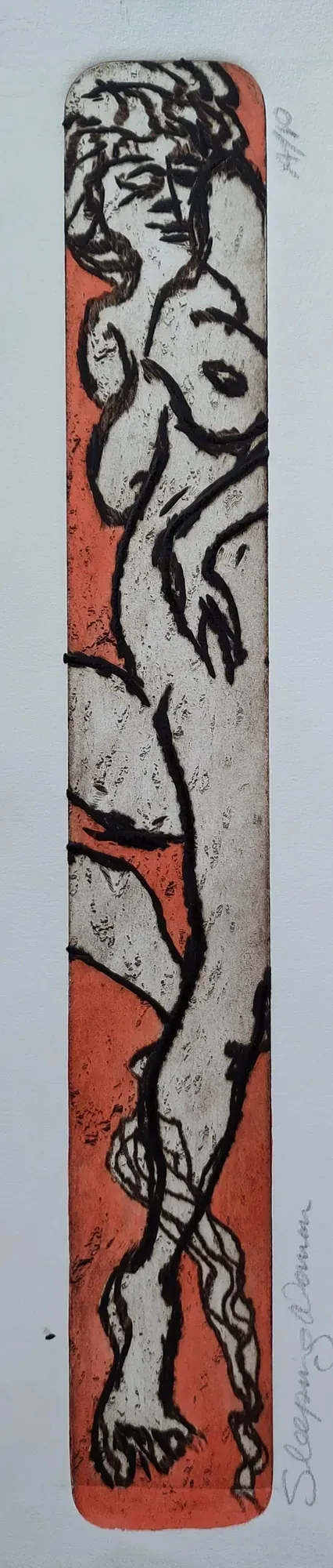 Sleeping Woman, an etching by Bruce Thomson, a figure lying asleep in black line on a narrow red-orange plate