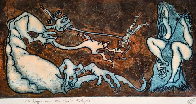 The Dragon Wooed the Maid with Gifts, an etching by Bruce Thomson of a dragon offering a gift to a young woman on a rust and blue ground