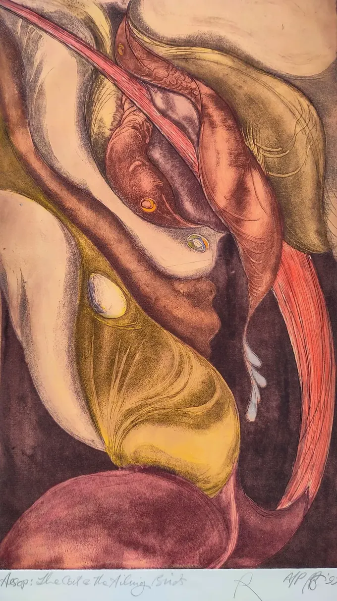 The Cat and the Ailing Birds, an etching by Bruce Thomson of bird forms in rose, gold and plum, an Aesop's fable subject