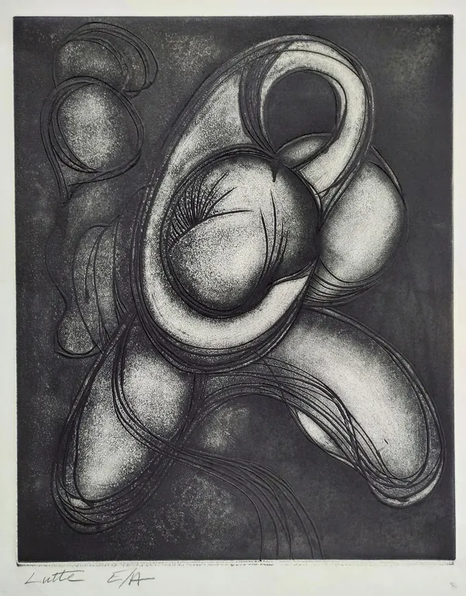 Lutte, an etching by Bruce Thomson printed in black, two bodies locked together and abstracted into looping pale forms