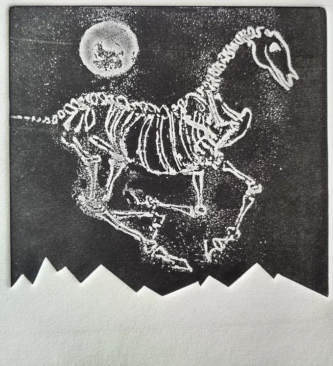 Nocturnal Bones, an etching by Bruce Thomson of a horse skeleton in white line on black beneath a moon, with a jagged ridge below