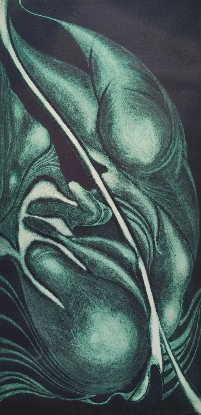 Abstract Etching Heart, an etching by Bruce Thomson in deep green and black, smooth folded forms reading as leaf and ribcage