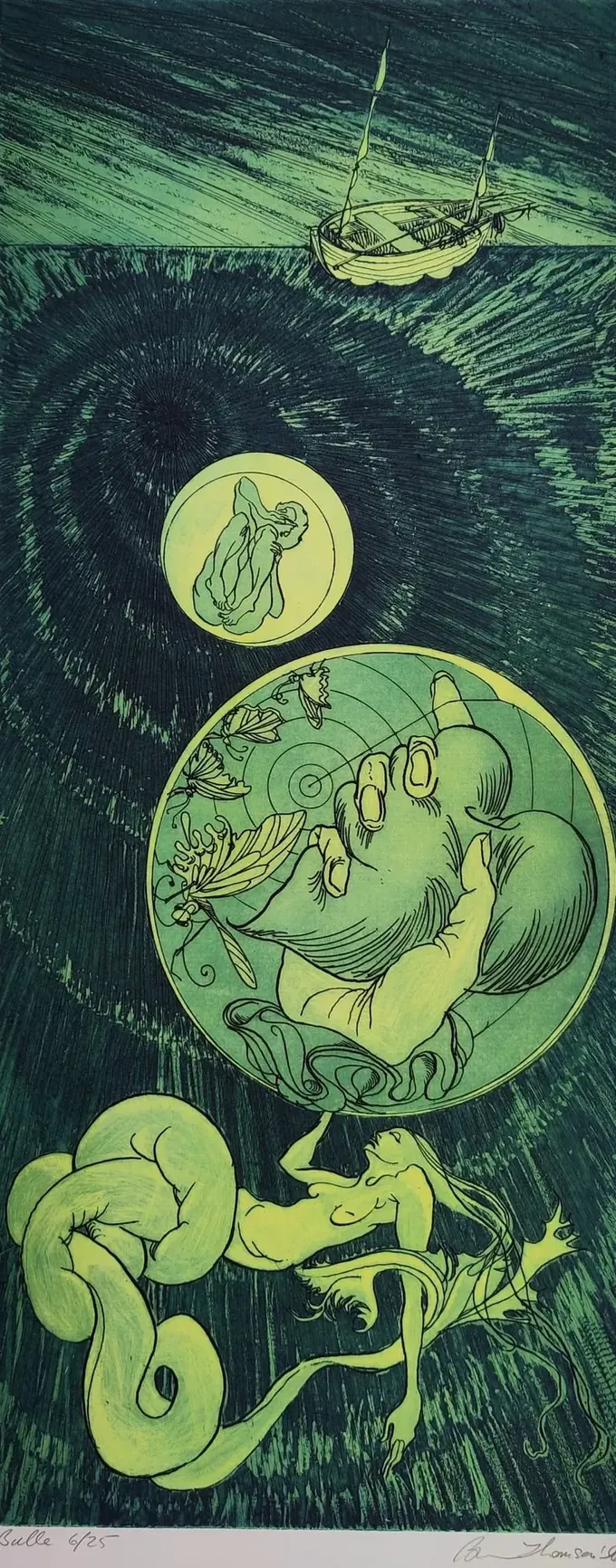 Bulle, an etching by Bruce Thomson printed in green, a boat above and two bubbles sinking through dark water over a reclining figure