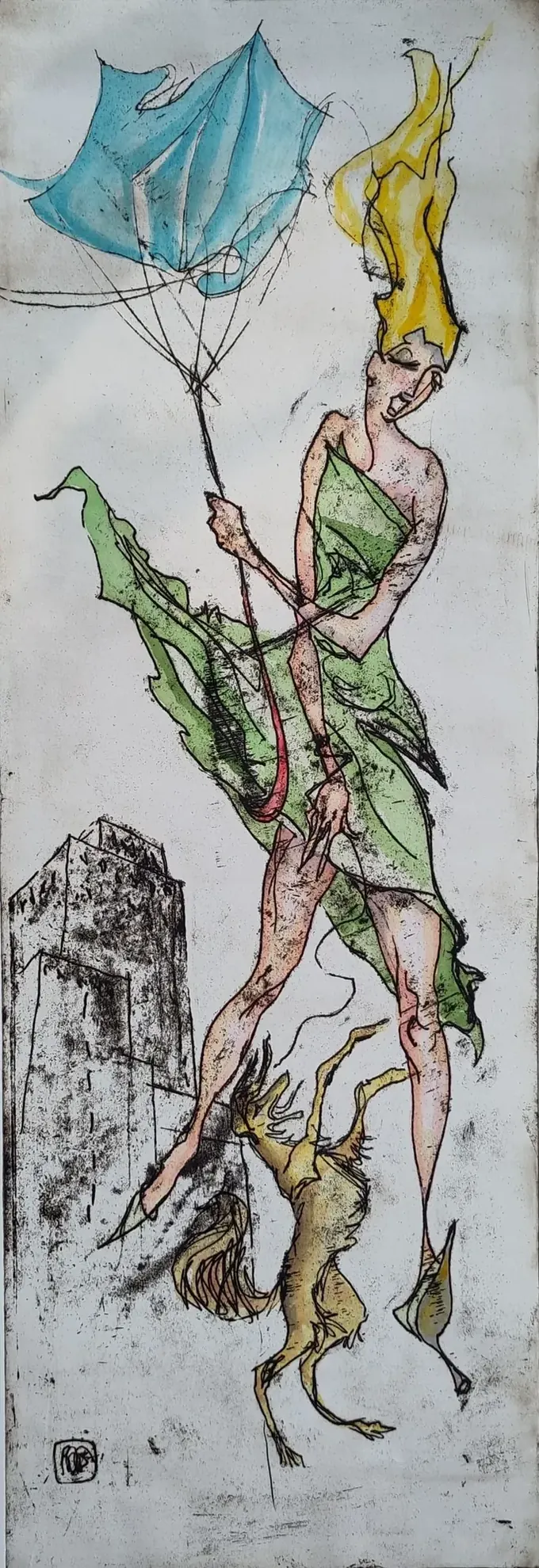 Windy City with Saluki II, an etching by Bruce Thomson of a woman with a blown umbrella and a saluki tumbling upside down at her feet