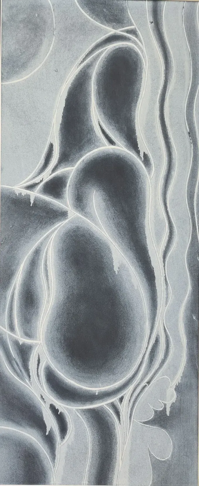 Seed Pods, a luminous grey etching by Bruce Thomson of smooth ovoid pod forms traced by glowing white contour lines