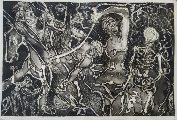 The Witches' Revelry, an etching by Bruce Thomson of the witches' sabbath from Tam o' Shanter, dancing figures and a skeleton in dense black