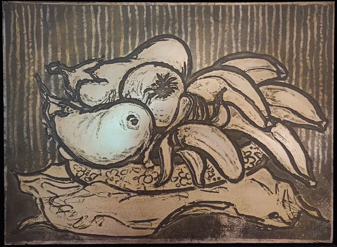 Still Life with Aubergines, an etching plate by Bruce Thomson of fruit and vegetables piled on a cloth in heavy black outline