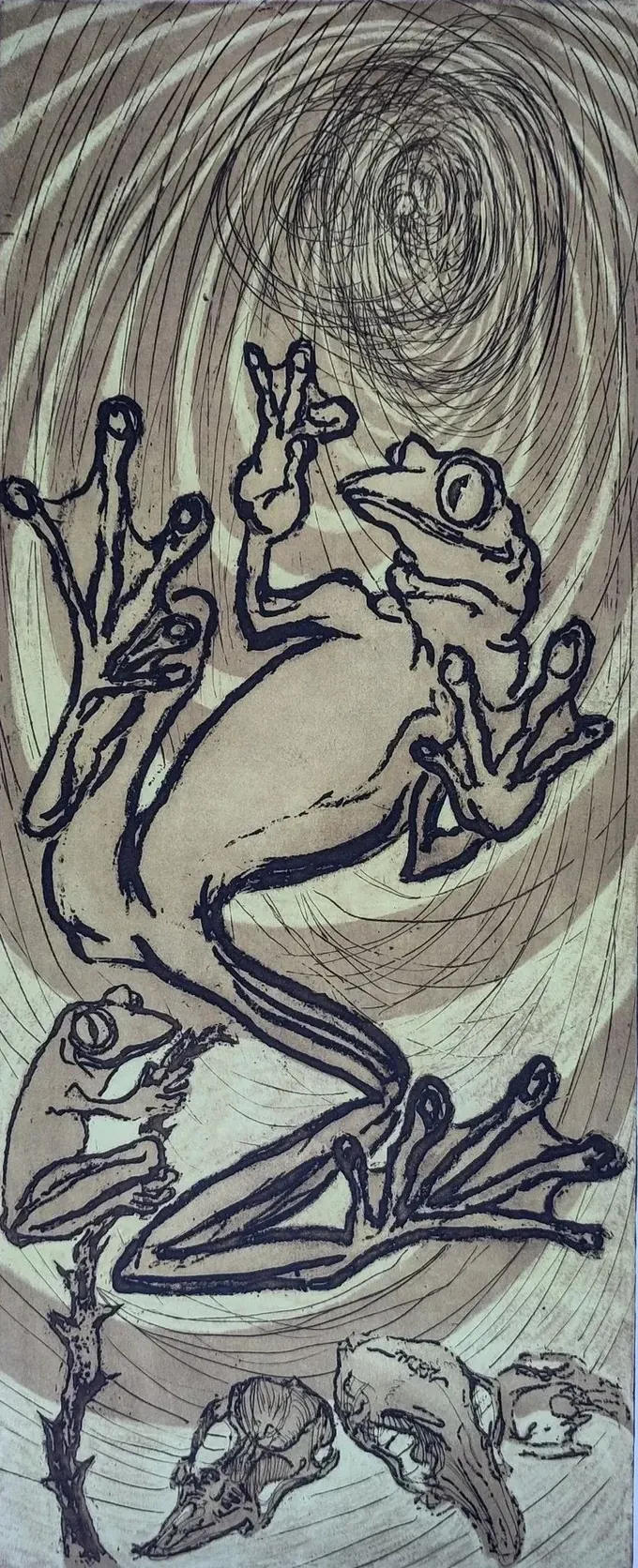 Theban Requiem, an etching by Bruce Thomson of a large frog climbing through swirling hatched line above a row of small animal skulls