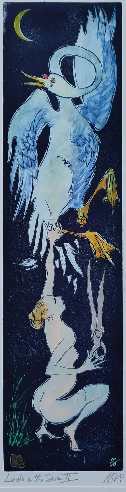 Leda and the Swan II, an etching by Bruce Thomson in blue and white, the swan above a kneeling figure with a crescent moon in the corner