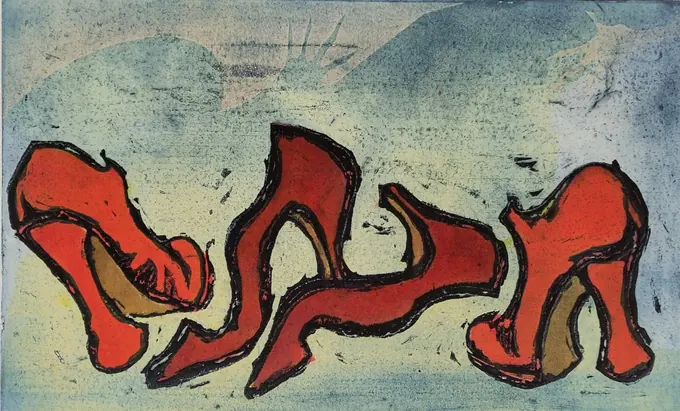 The Red Shoes, an etching by Bruce Thomson of four red shoes standing in a row against a pale blue-green ground