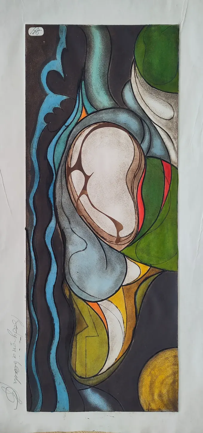 Body on the Beach, an etching by Bruce Thomson, a reclining body abstracted into pale ovals and green planes beside blue waves