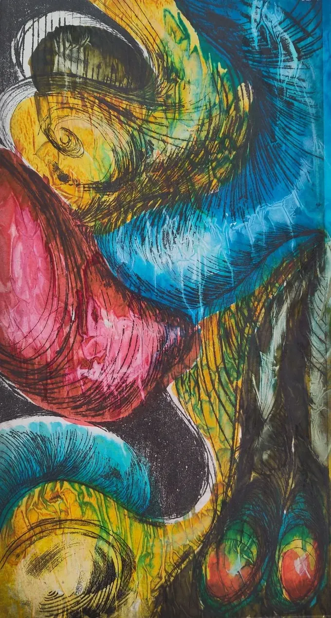 Plumage, a vivid etching by Bruce Thomson of swirling feathered forms in yellow, magenta and blue with eye spots like a peacock's tail