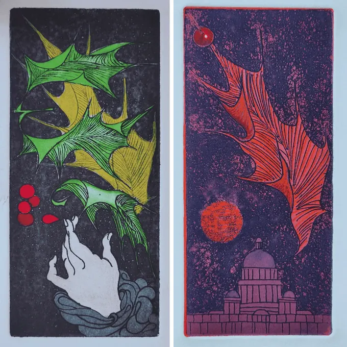 Seasonal Etchings, a pair of plates by Bruce Thomson, green and gold holly with red berries on one and red leaves over a domed building on the other