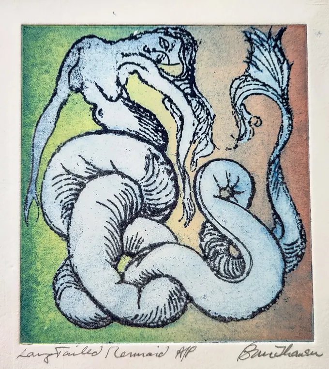 Long-Tailed Mermaid, a hand-coloured etching by Bruce Thomson of a blue mermaid coiled around her own tail