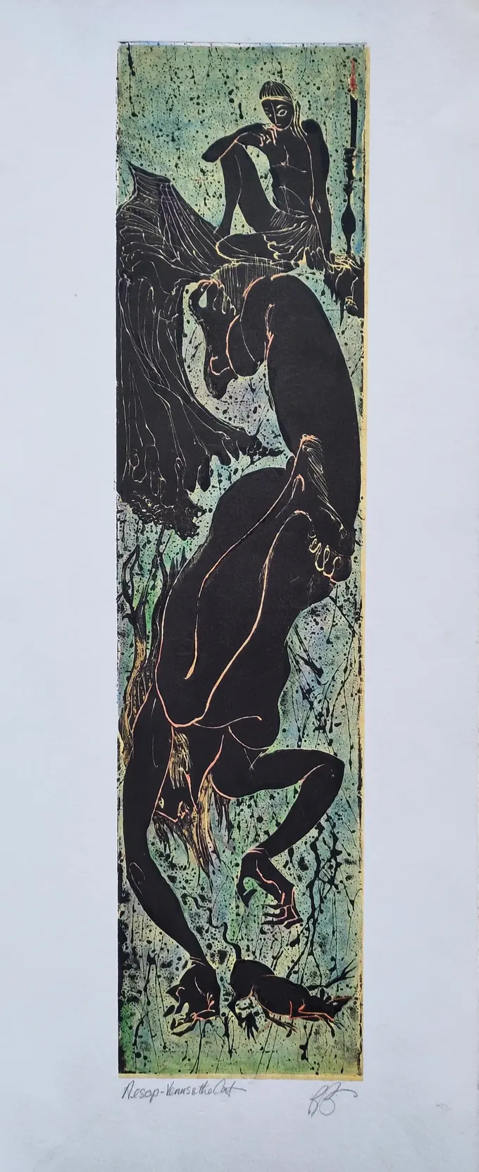 Venus and the Cat, an etching by Bruce Thomson of a falling figure with Venus seated above and cats at the foot, on a green splattered ground
