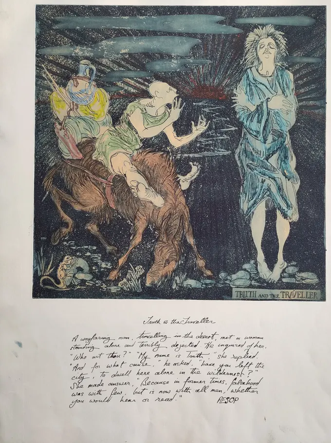Truth and the Traveller (II), a hand-coloured Aesop etching with the fable inscribed beneath, by Bruce Thomson