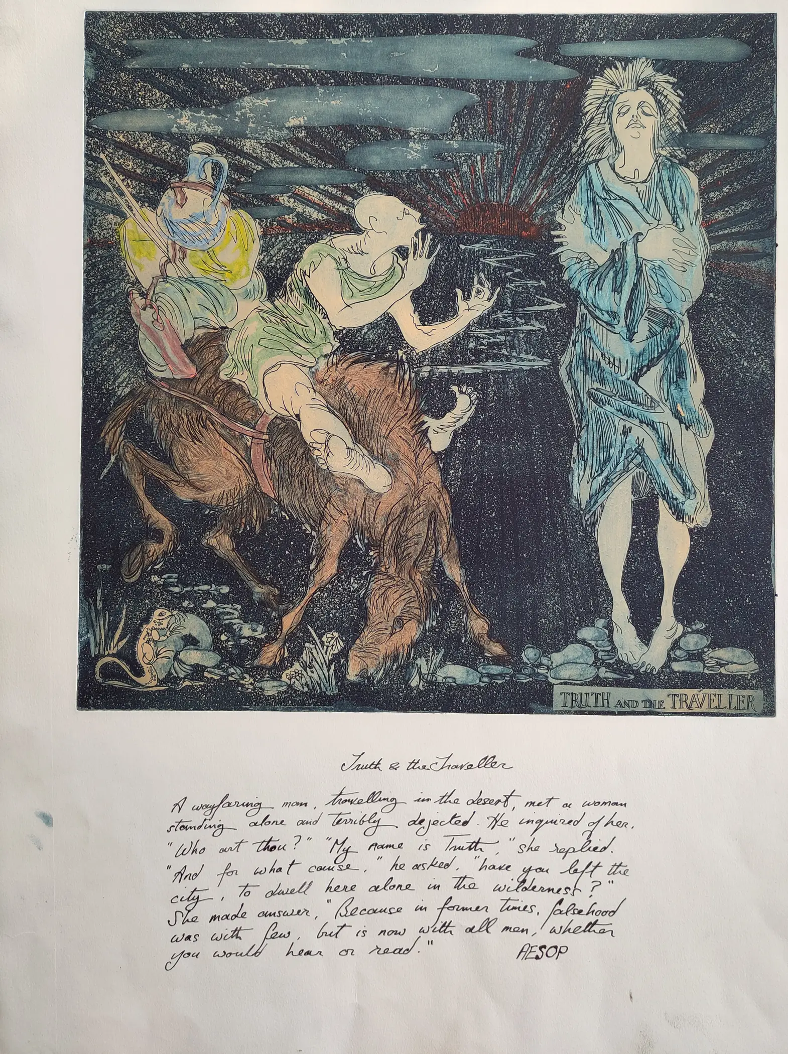 Truth and the Traveller II, a hand-coloured etching by Bruce Thomson of the traveller meeting Truth in the wilderness, the fable written beneath