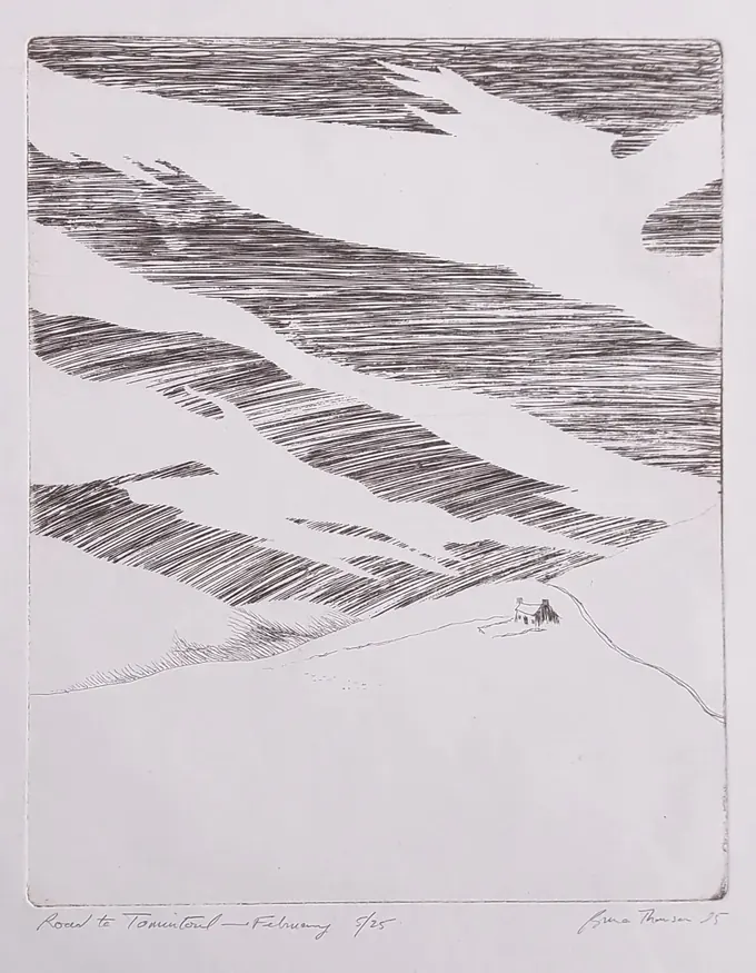 The Road to Tomintoul in February, an etching by Bruce Thomson of snow lying in diagonal bands across a hill with a single cottage on the road