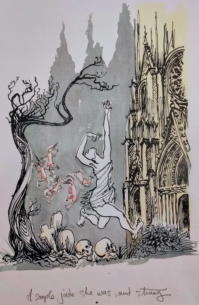 A Souple Jade, an illustration by Bruce Thomson of Nannie dancing among small red devils outside the Kirk of Alloway