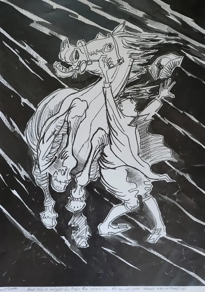 Ne'er Poor Sinner Was Abroad, an illustration by Bruce Thomson of Tam and Maggie straining through driving rain