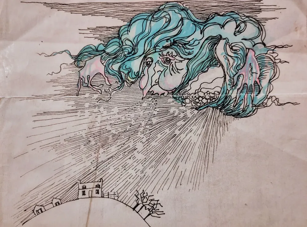 Snowstorm on the Family Home, from one of Bruce Thomson's illustrated letters home
